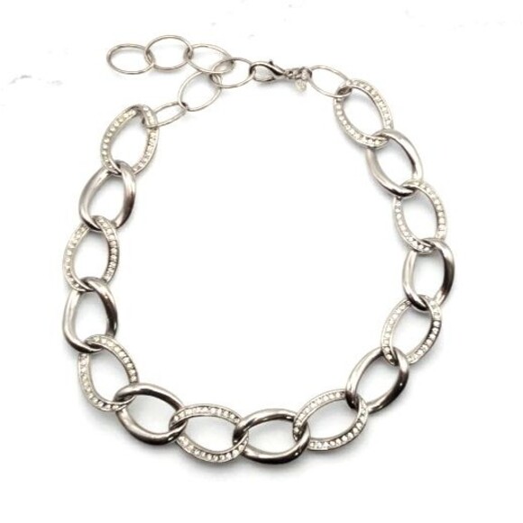 Premier Designs Chunky Silver Tone Large Link Necklace with Rhinestones 16"-18" - Picture 1 of 5